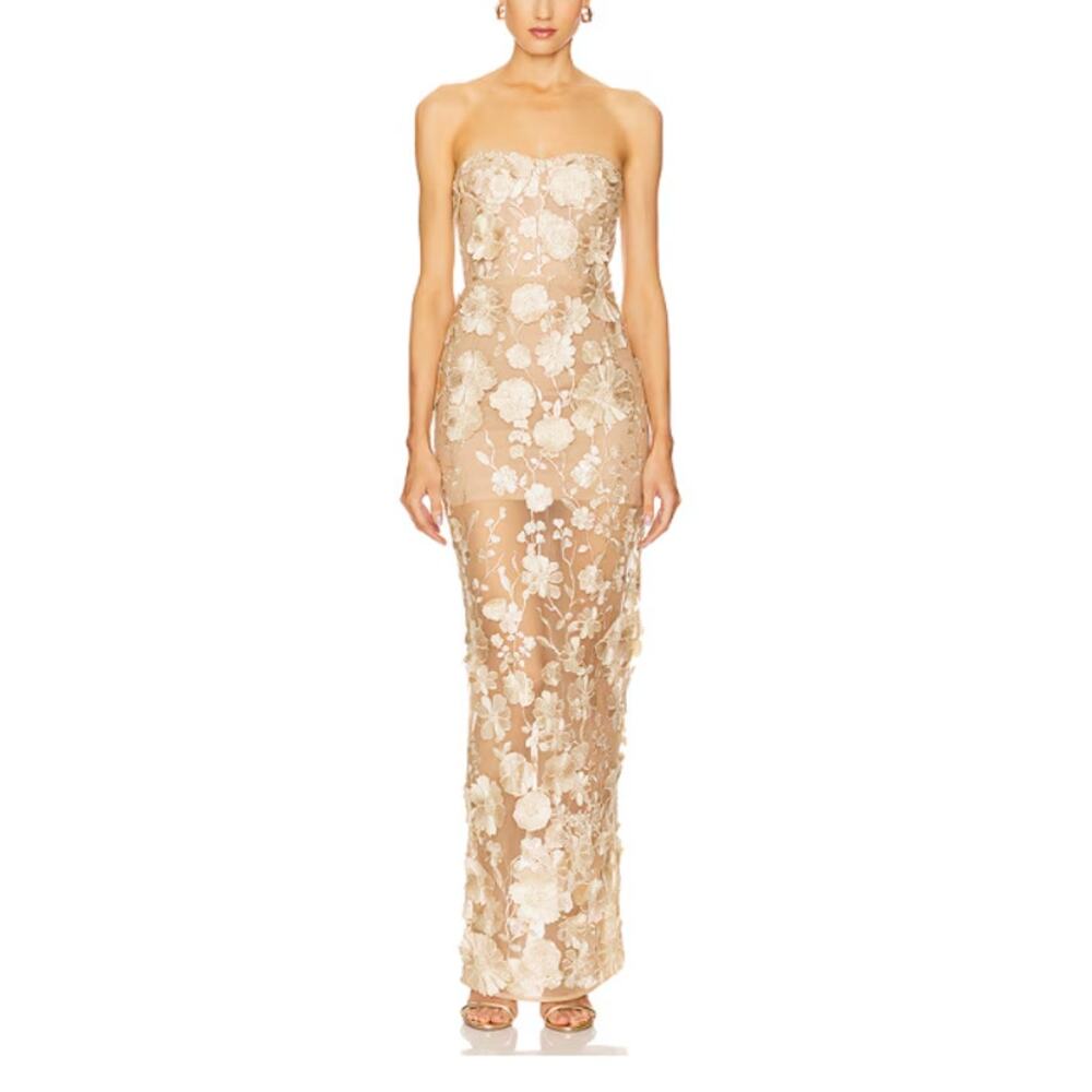 Bronx and Banco Gold Floral Appliqué Jasmine Strapless back zip Gown Sz XL NWT